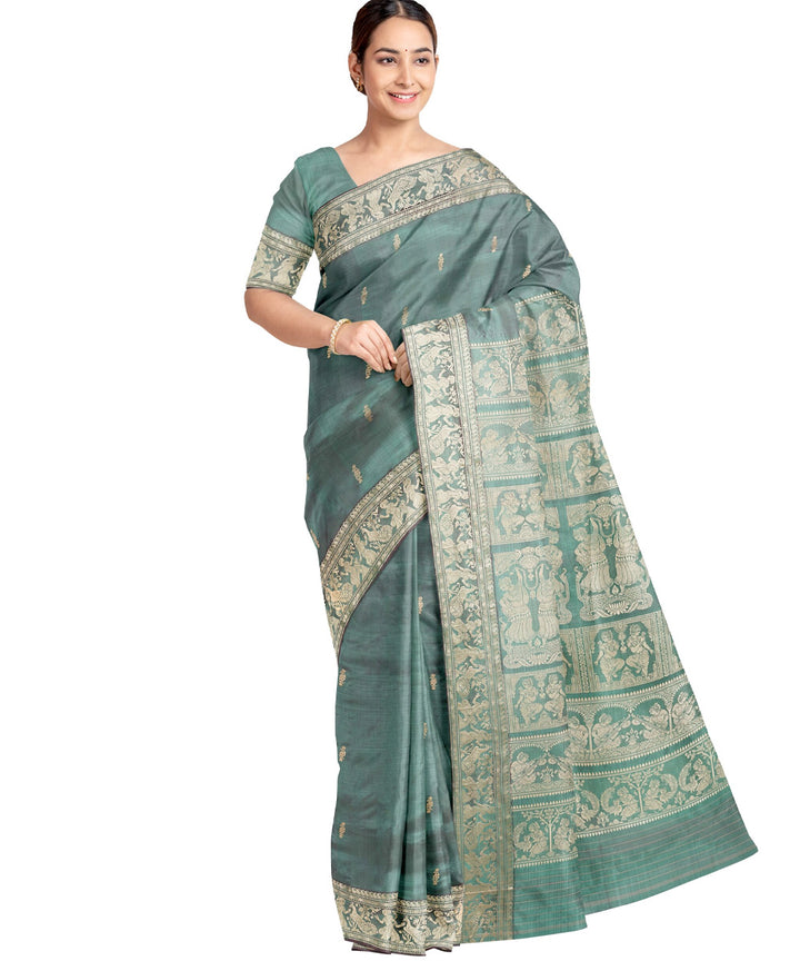 Biswa bangla cyan green cream silk handwoven baluchari saree