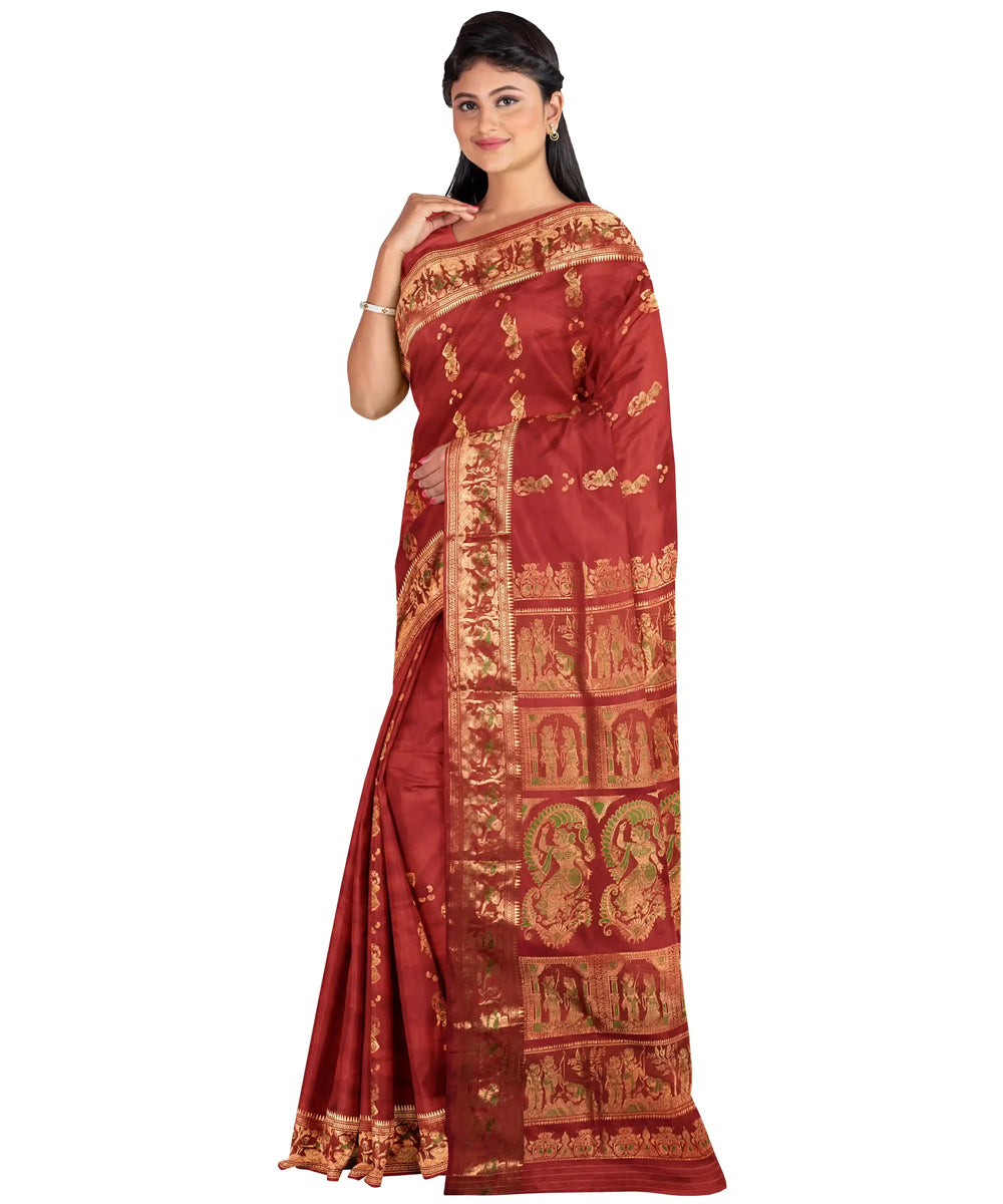 Biswa bangla red mina work handwoven baluchari silk saree