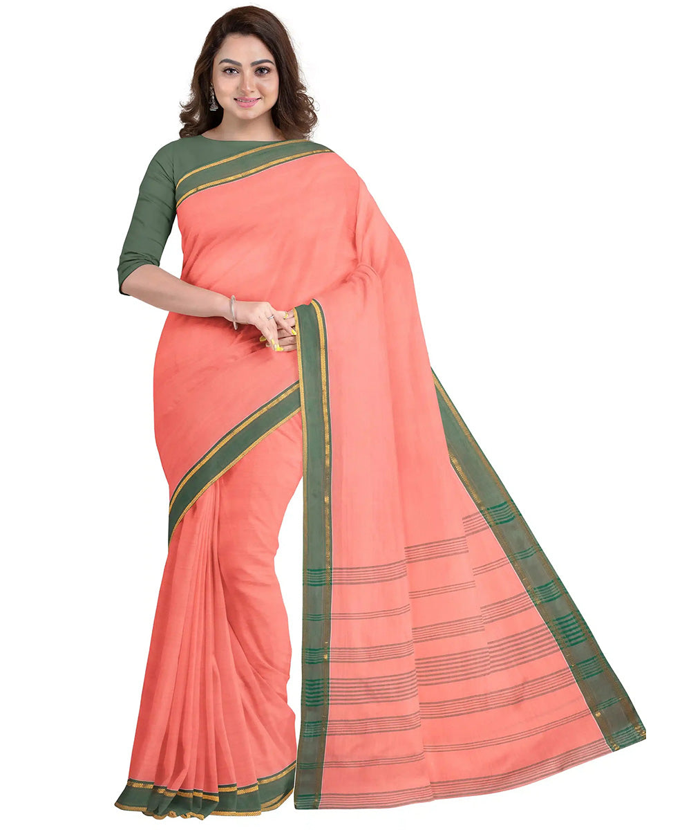 Biswa bangla peach shantipuri cotton saree handwoven saree