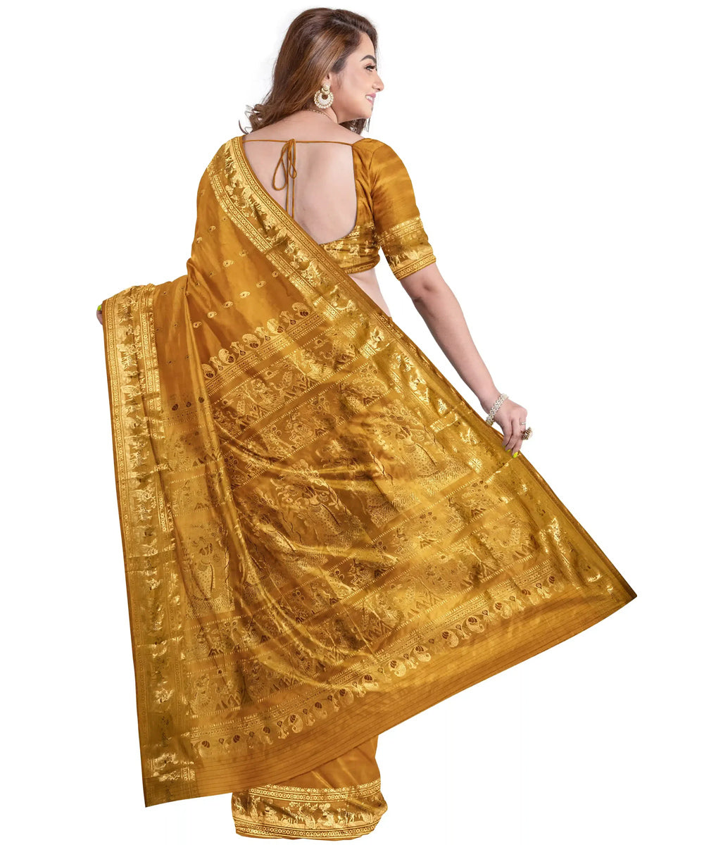 Biswa bangla yellow zari handwoven baluchari silk saree