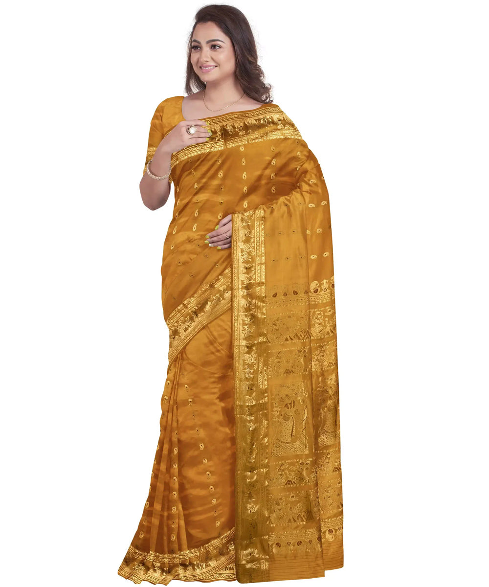 Biswa bangla yellow zari handwoven baluchari silk saree