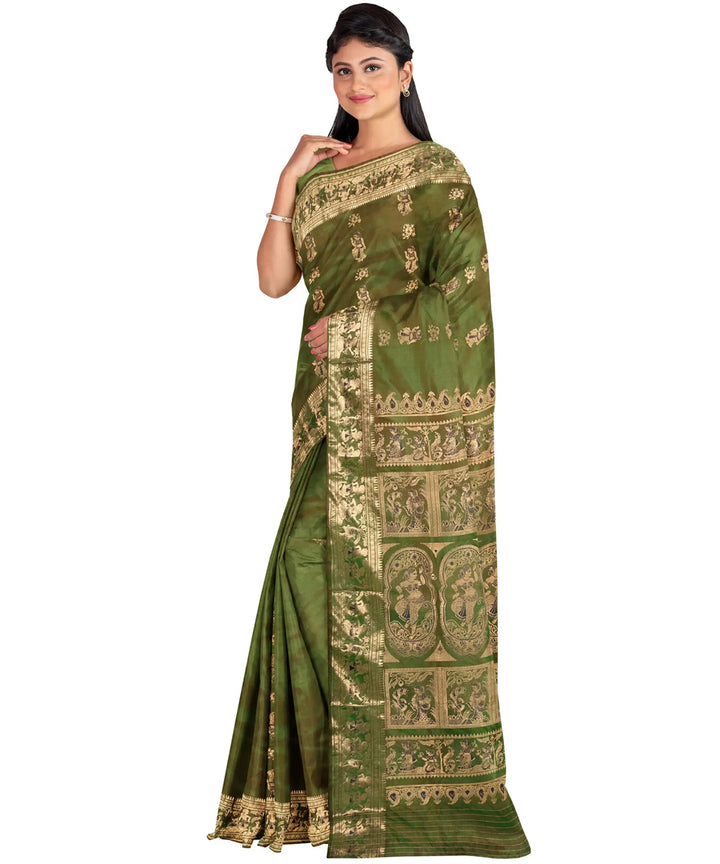 Biswa bangla olive green zari handwoven baluchari silk saree