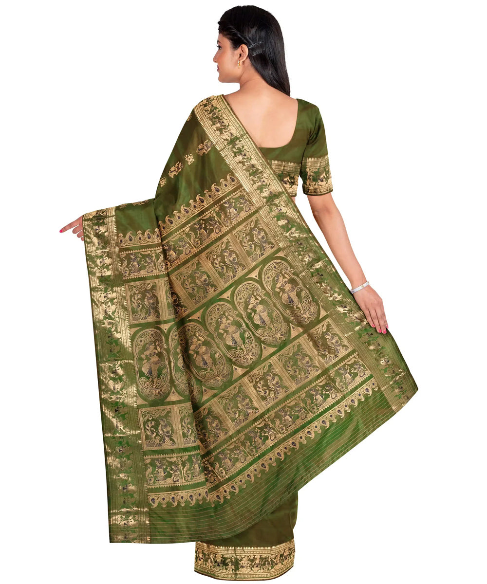 Biswa bangla olive green zari handwoven baluchari silk saree