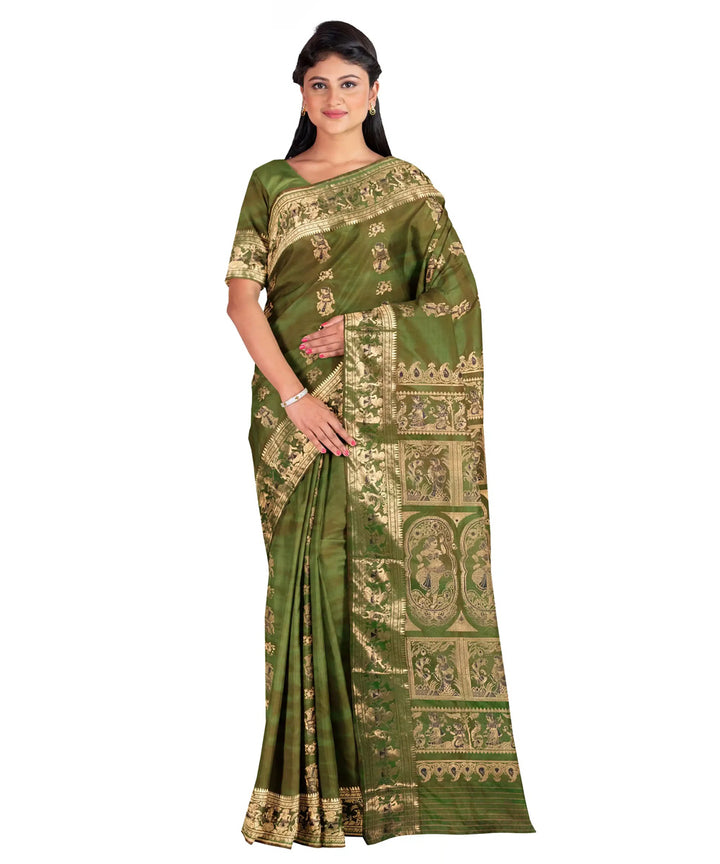 Biswa bangla olive green zari handwoven baluchari silk saree