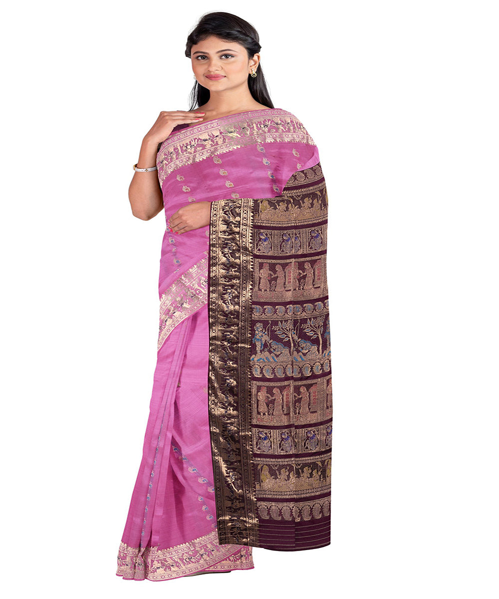 Biswa bangla pink swarnachari handwoven baluchari silk saree