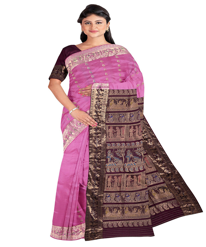 Biswa bangla pink swarnachari handwoven baluchari silk saree