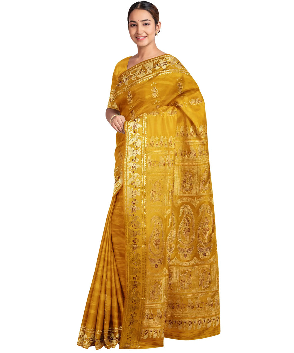 Biswa bangla yellow swarnachuri handwoven baluchari silk saree
