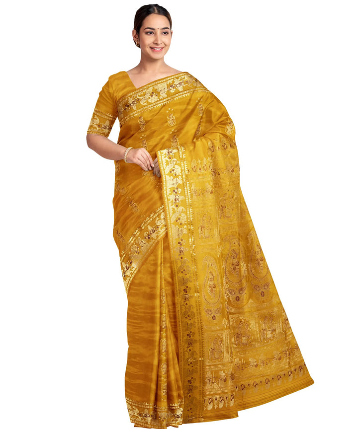 Biswa bangla yellow swarnachuri handwoven baluchari silk saree