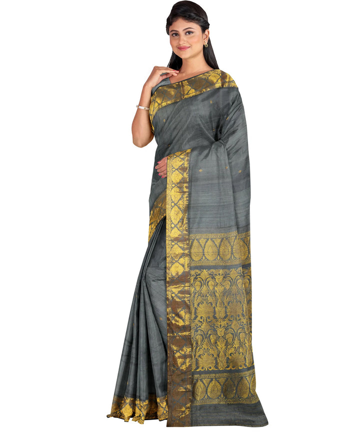 Biswa bangla grey zari handwoven baluchari silk saree