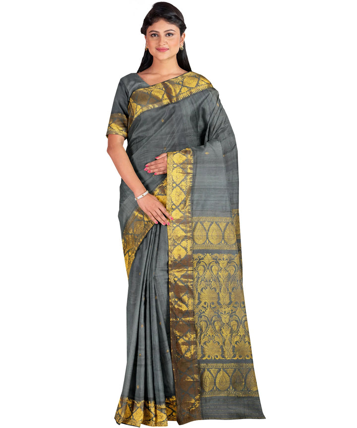 Biswa bangla grey zari handwoven baluchari silk saree