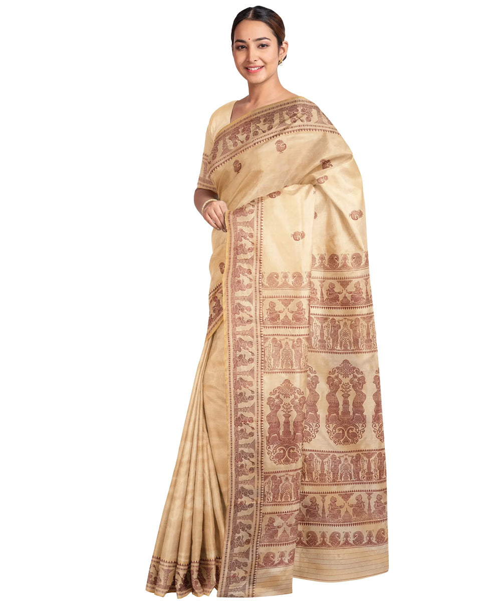 Biswa bangla beige zari handwoven baluchari silk saree