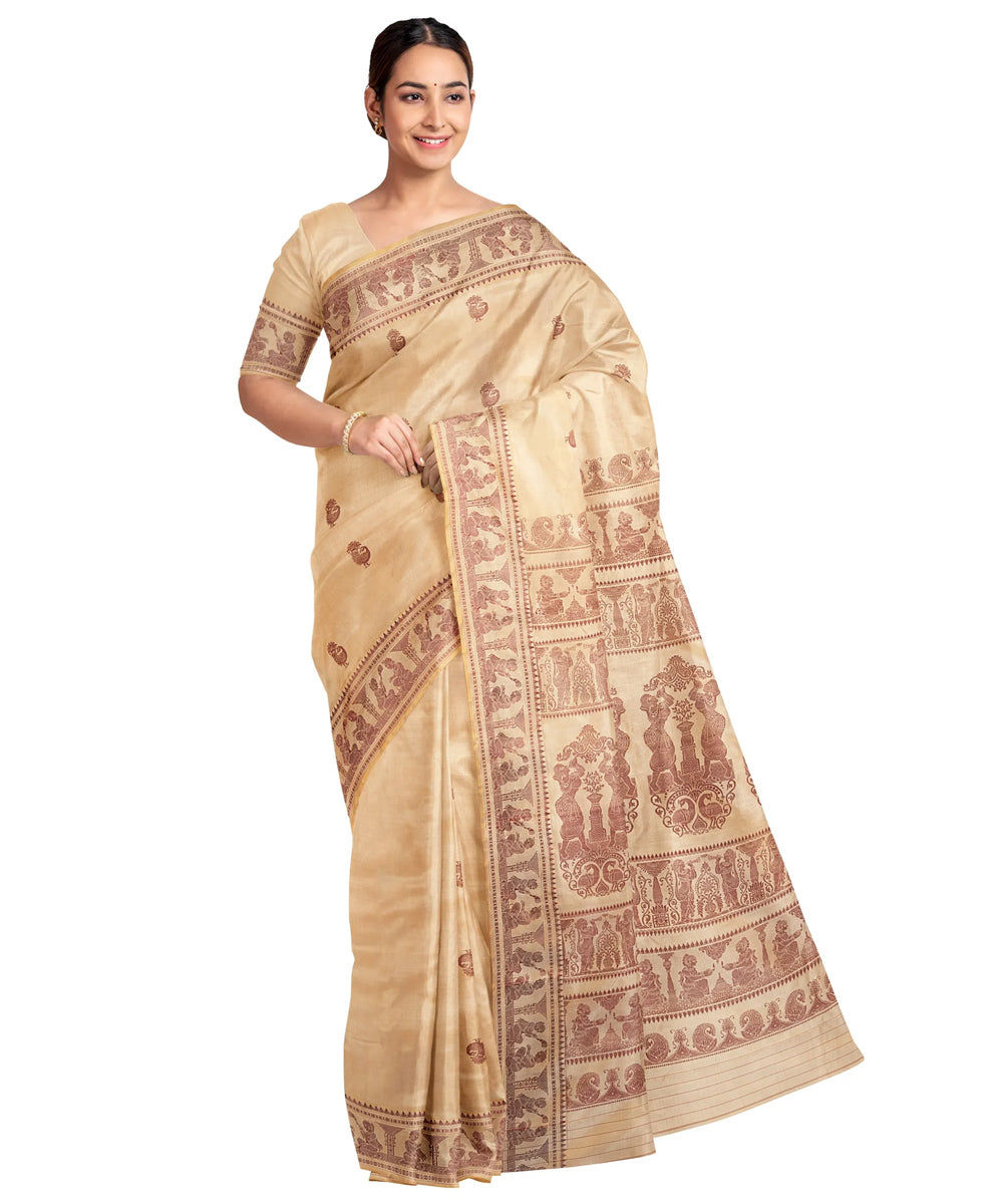 Biswa bangla beige zari handwoven baluchari silk saree