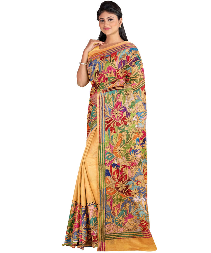 Beige multicolor handcrafted kantha silk saree