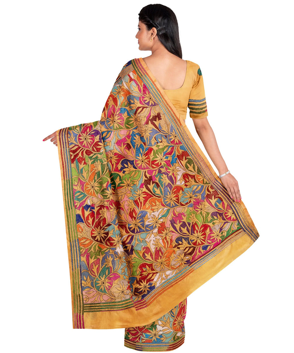 Beige multicolor handcrafted kantha silk saree