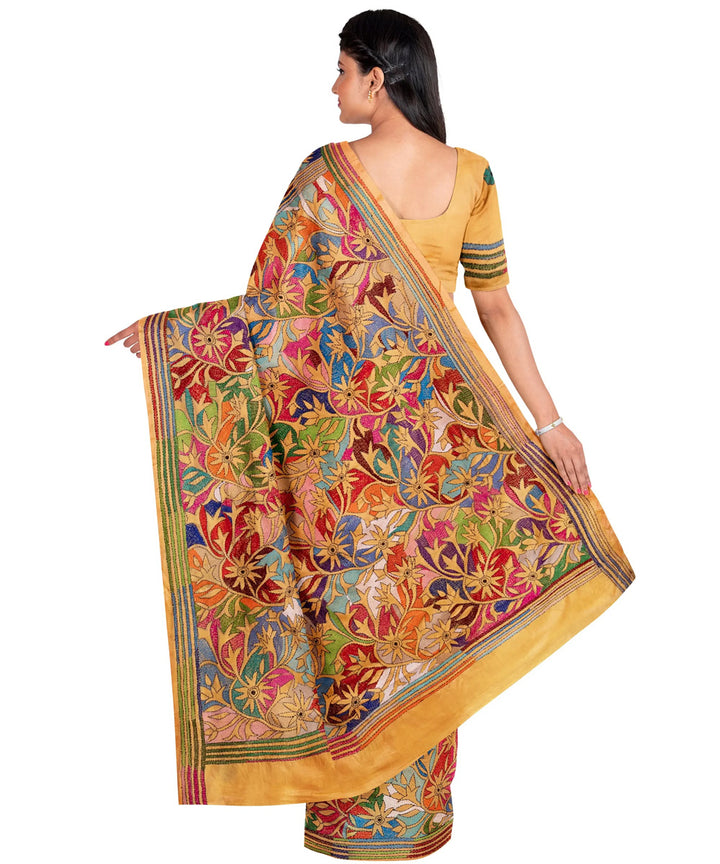 Beige multicolor handcrafted kantha silk saree