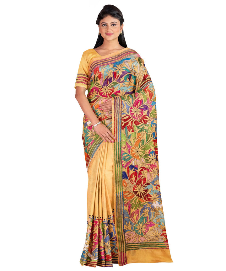 Beige multicolor handcrafted kantha silk saree