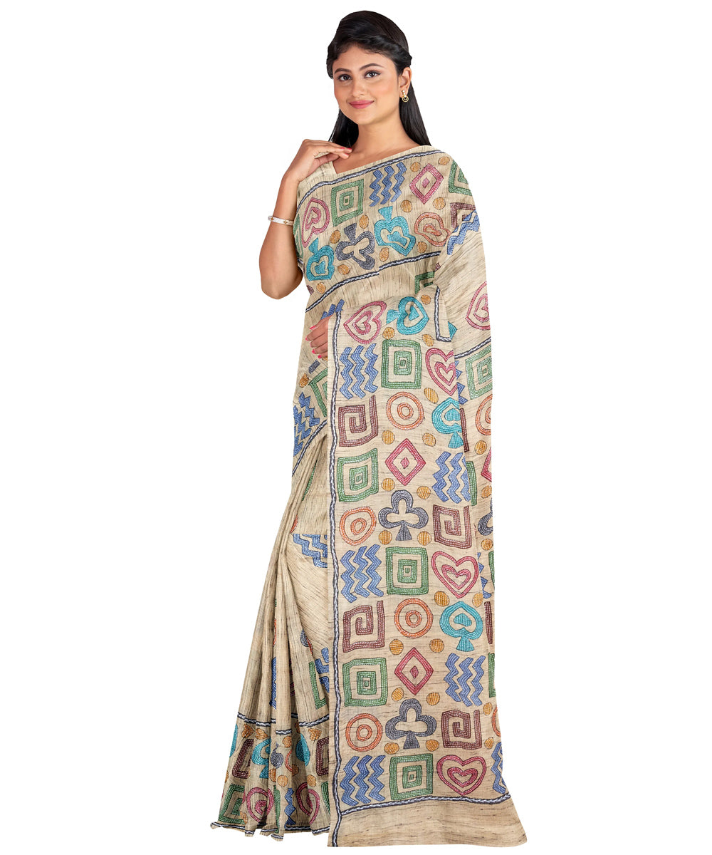 Biswa bangla beige multicolor handwoven kantha stitch silk saree