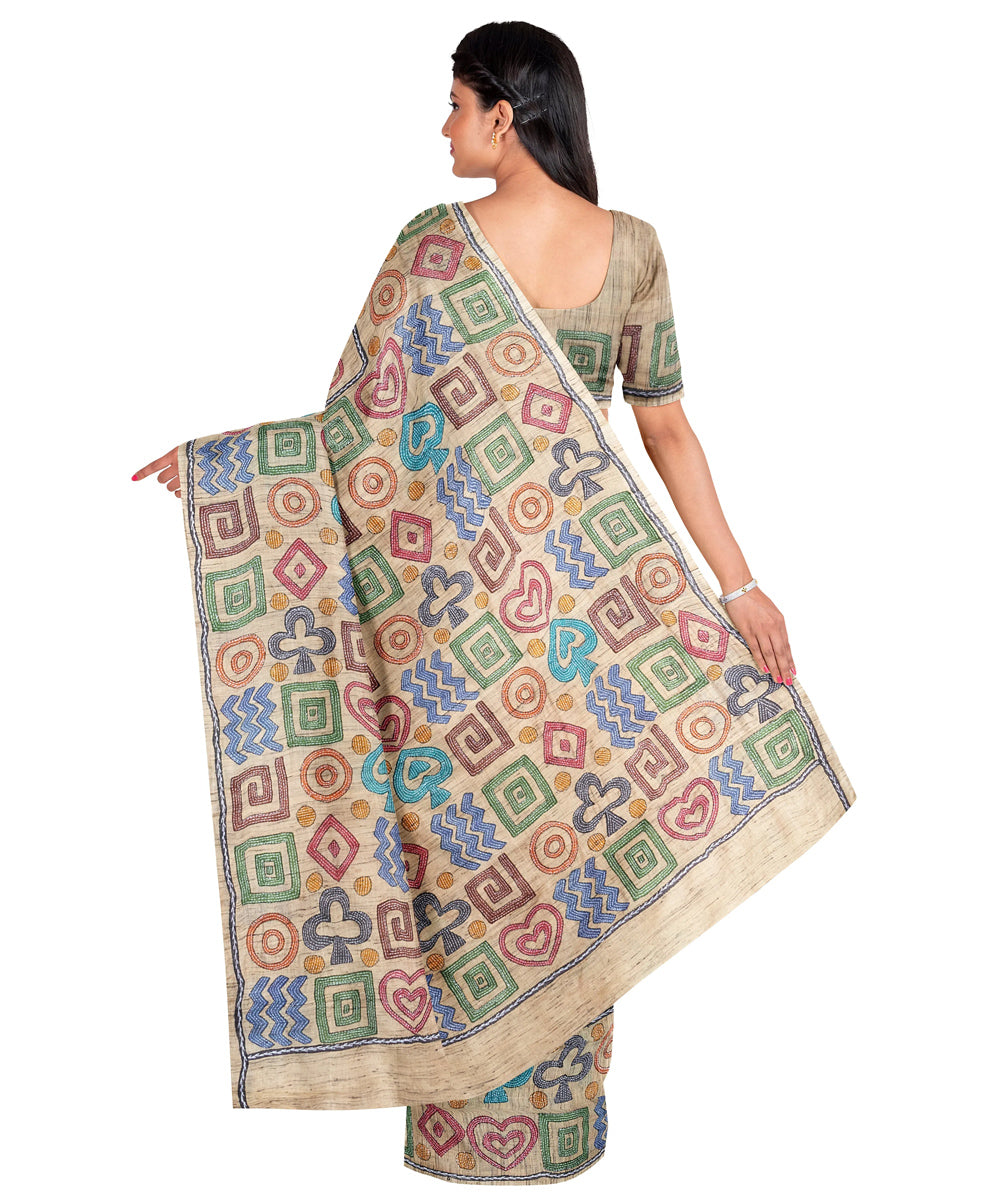 Biswa bangla beige multicolor handwoven kantha stitch silk saree