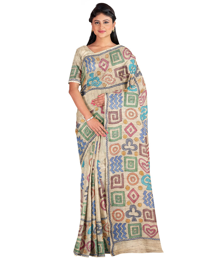 Biswa bangla beige multicolor handwoven kantha stitch silk saree