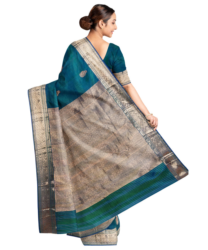 Biswa bangla peacock green silver handwoven baluchari silk saree