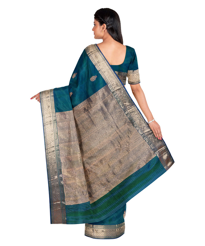 Biswa bangla peacock green silver handwoven baluchari silk saree