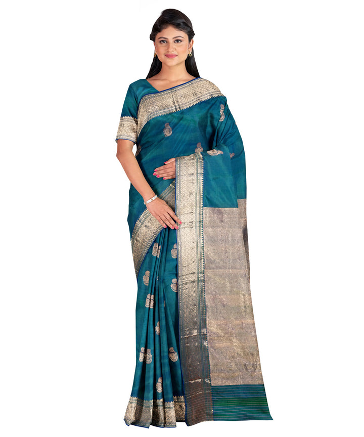 Biswa bangla peacock green silver handwoven baluchari silk saree