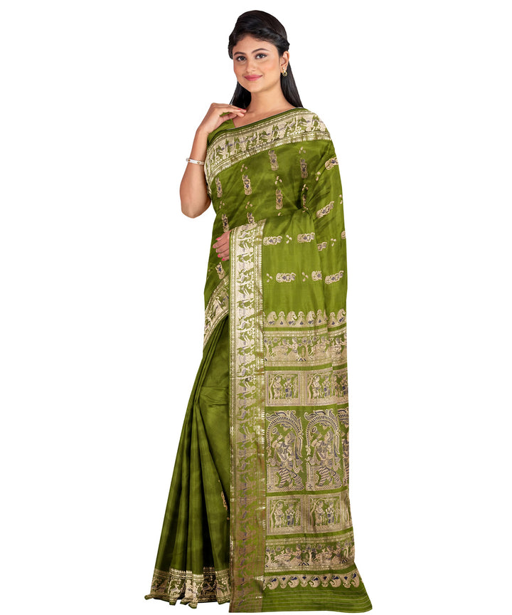 Biswa bangla light green silver handwoven baluchari silk saree