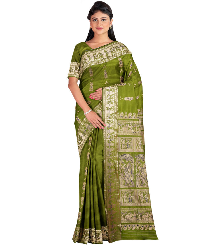 Biswa bangla light green silver handwoven baluchari silk saree