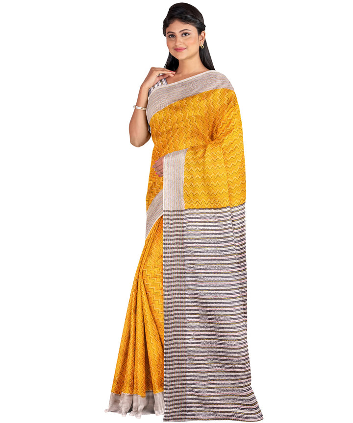 Biswa bangla yellow jalchuri handwoven kantha stitch silk saree