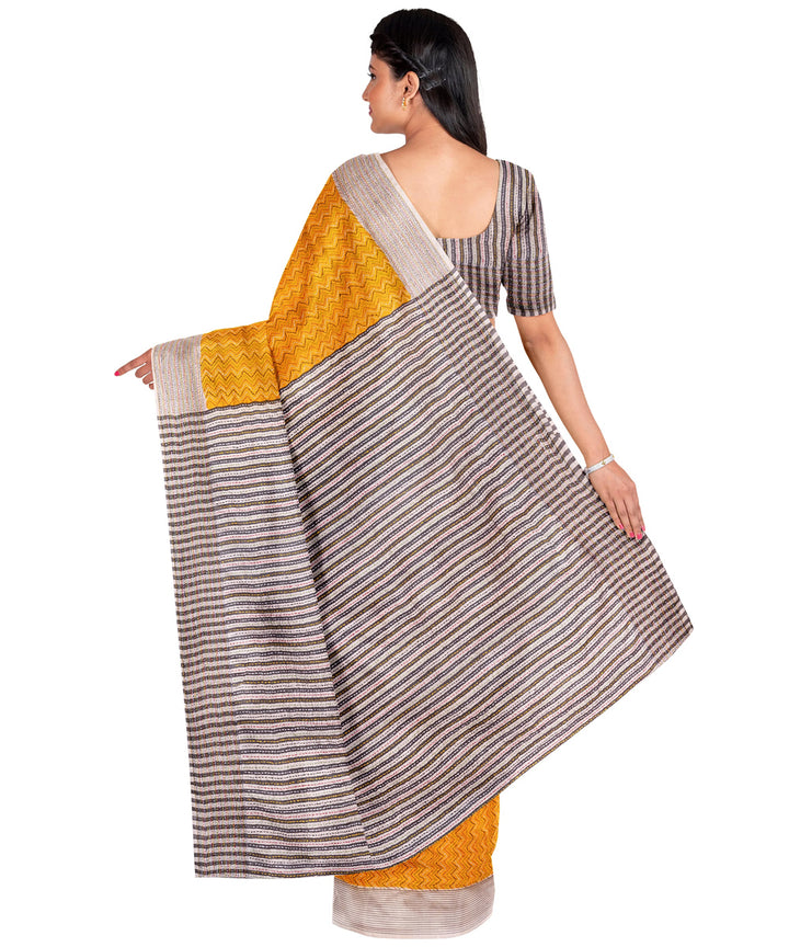 Biswa bangla yellow jalchuri handwoven kantha stitch silk saree