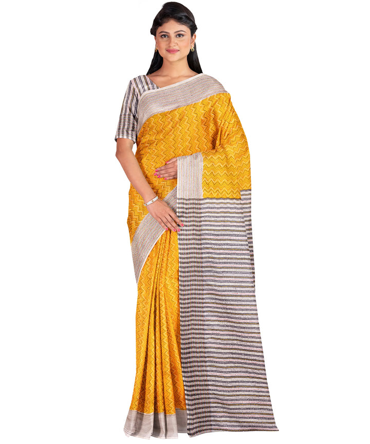 Biswa bangla yellow jalchuri handwoven kantha stitch silk saree