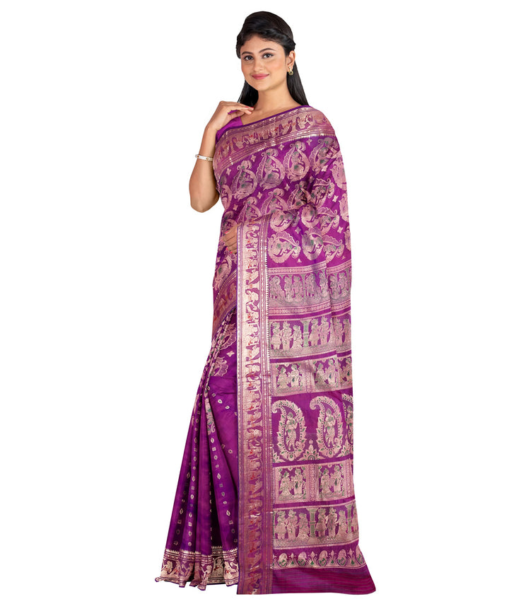 Biswa bangla magenta swarnachari handwoven baluchari silk saree