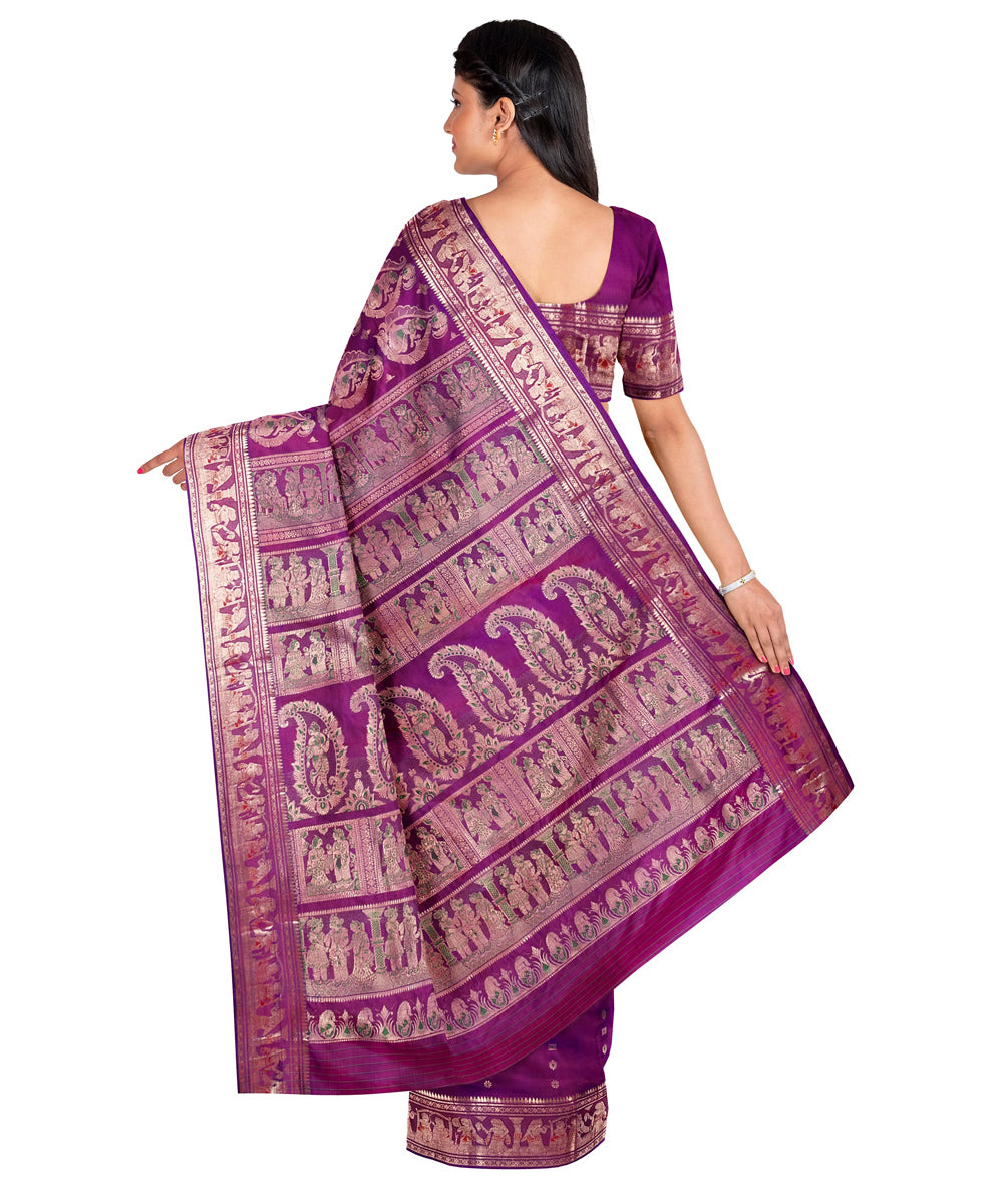 Biswa bangla magenta swarnachari handwoven baluchari silk saree