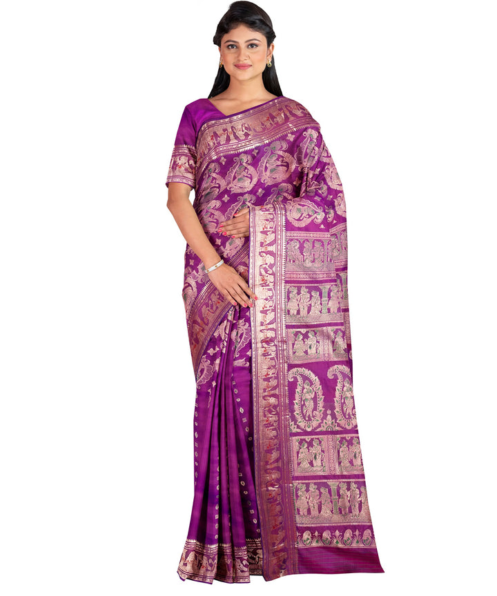 Biswa bangla magenta swarnachari handwoven baluchari silk saree