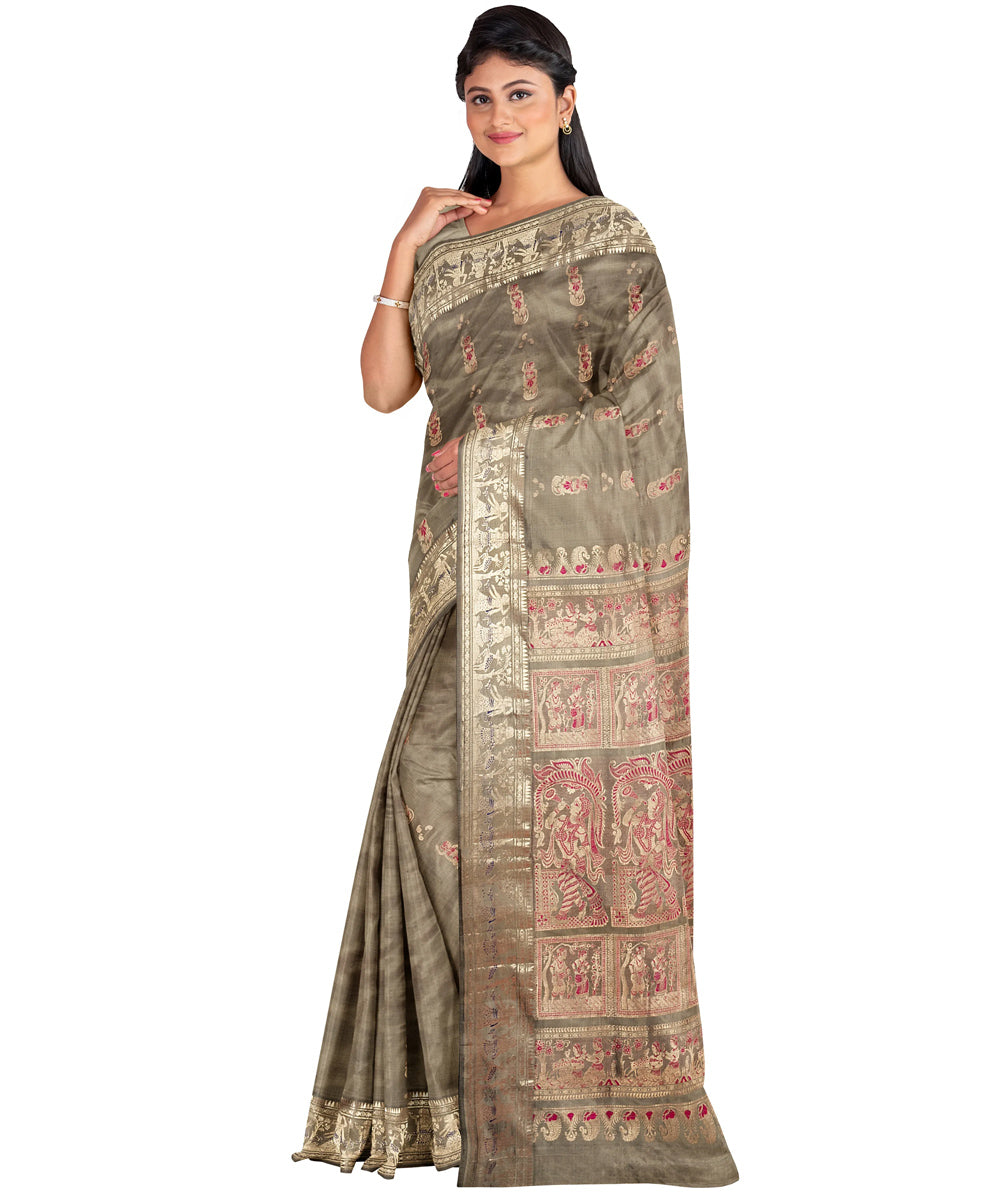 Biswa bangla olive moss mena work handwoven baluchari silk saree