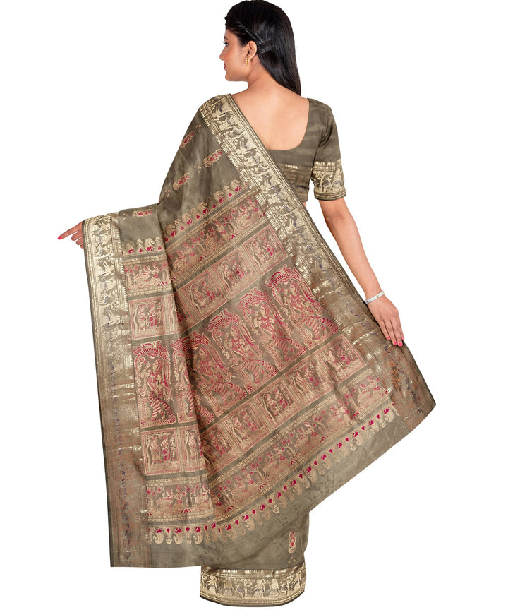 Biswa bangla olive moss mena work handwoven baluchari silk saree