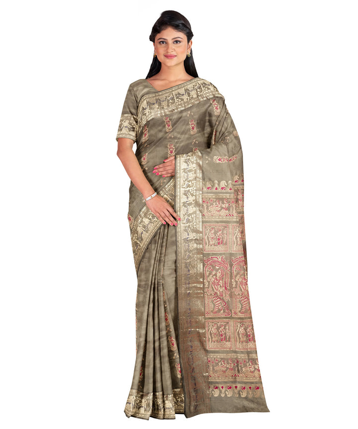 Biswa bangla olive moss mena work handwoven baluchari silk saree