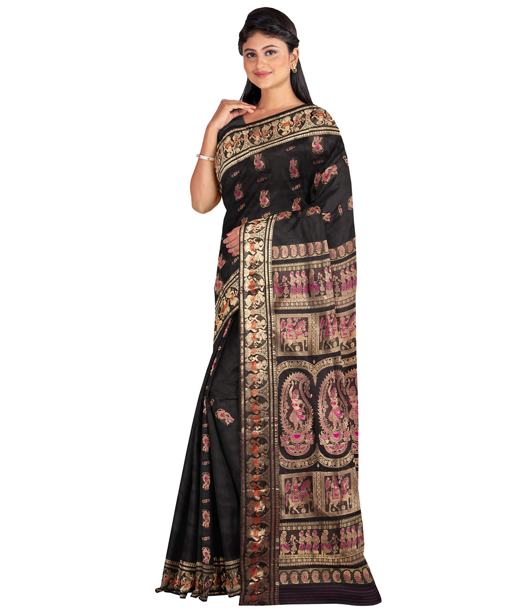 Biswa bangla black mena work handwoven baluchari silk saree