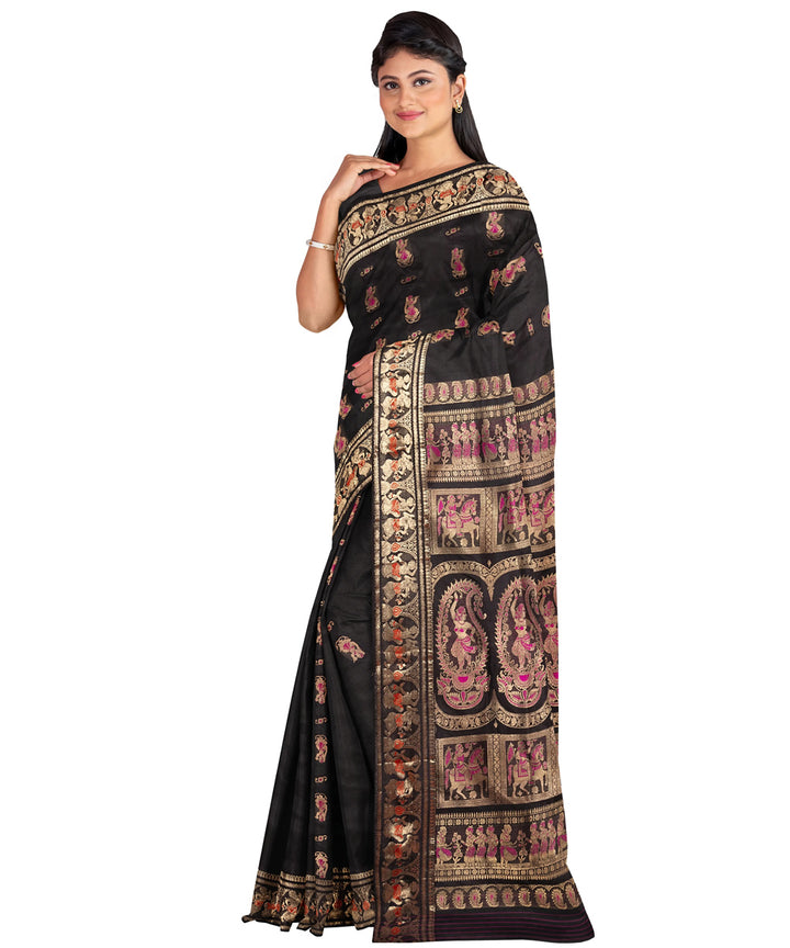 Biswa bangla black mena work handwoven baluchari silk saree