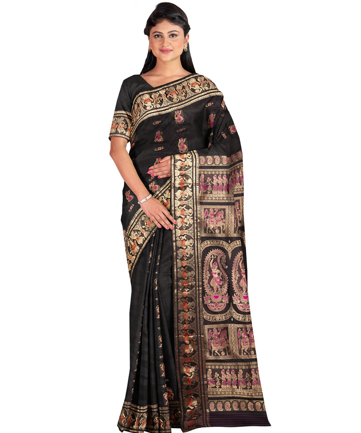 Biswa bangla black mena work handwoven baluchari silk saree