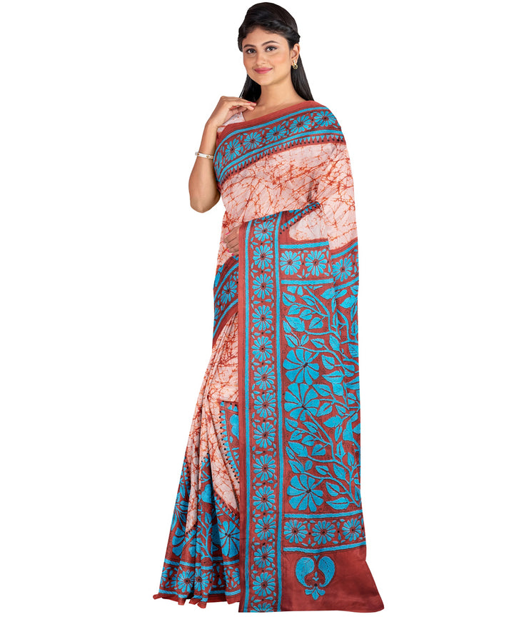 Biswa bangla multicolor cyan blue handwoven kantha stitch silk saree