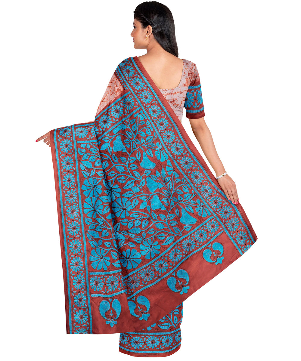 Biswa bangla multicolor cyan blue handwoven kantha stitch silk saree