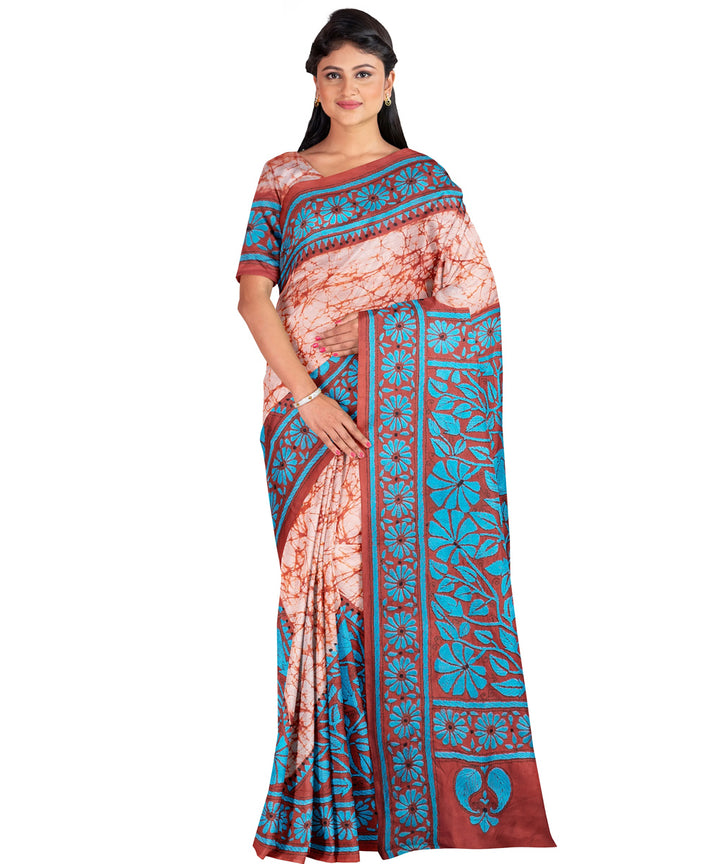 Biswa bangla multicolor cyan blue handwoven kantha stitch silk saree