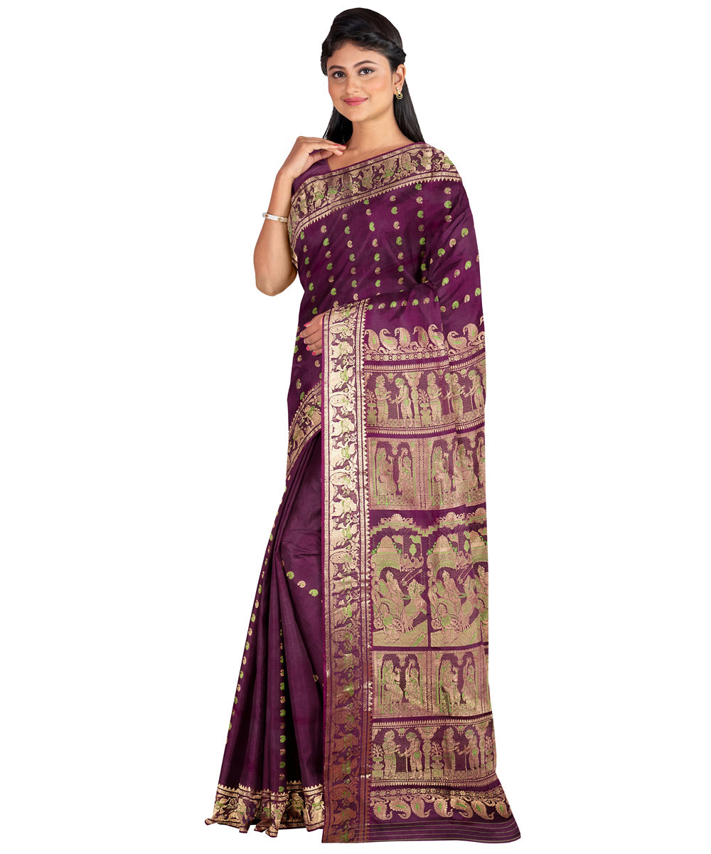 Biswa bangla dark magenta swarnachari handwoven baluchari silk saree