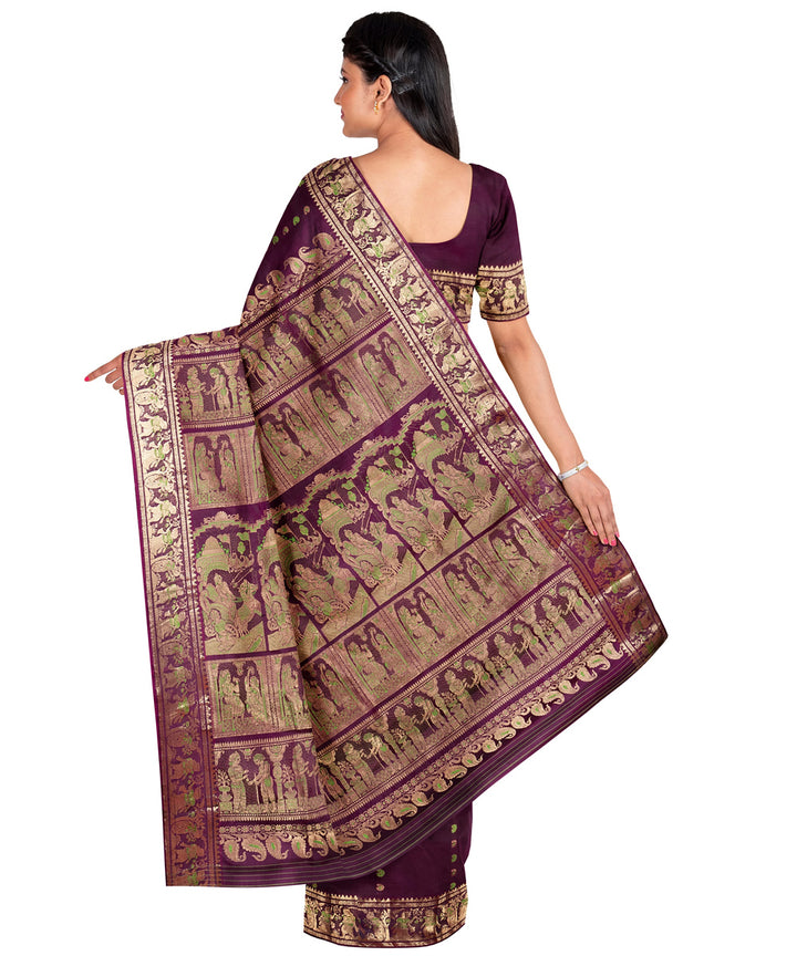 Biswa bangla dark magenta swarnachari handwoven baluchari silk saree