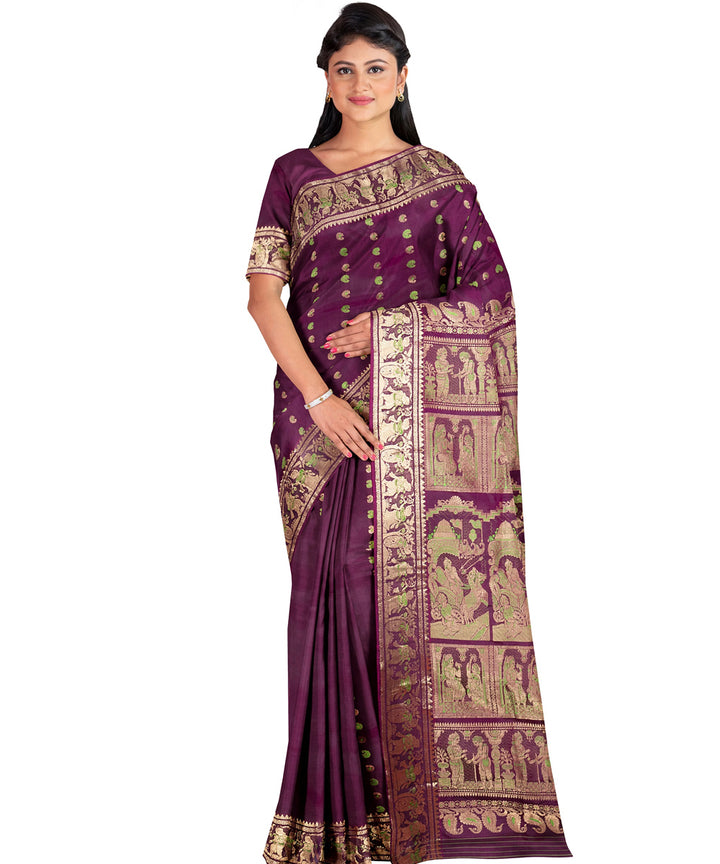 Biswa bangla dark magenta swarnachari handwoven baluchari silk saree