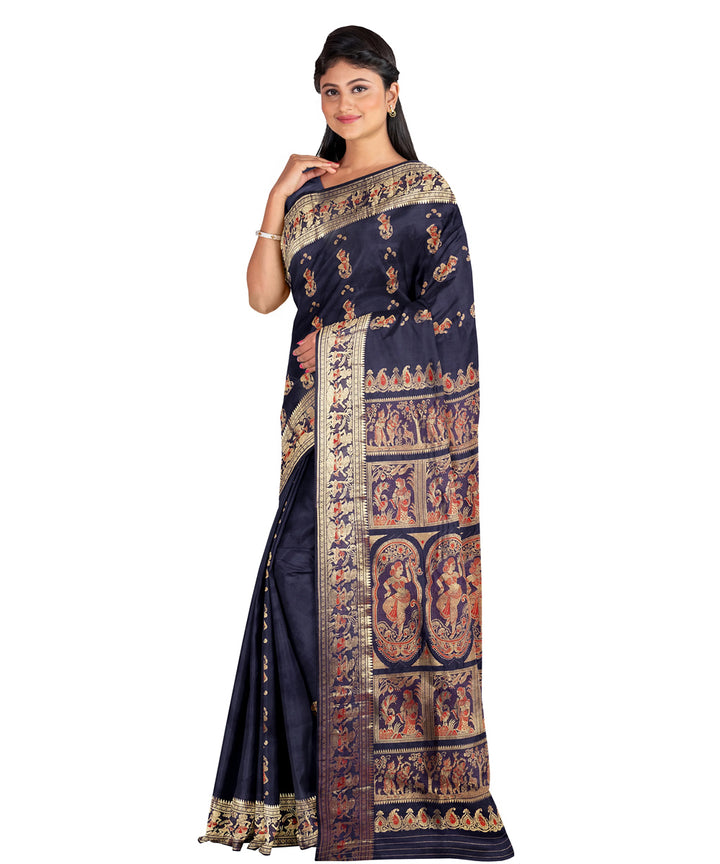 Biswa bangla indigo mina work handwoven baluchari silk saree