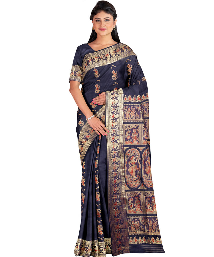 Biswa bangla indigo mina work handwoven baluchari silk saree