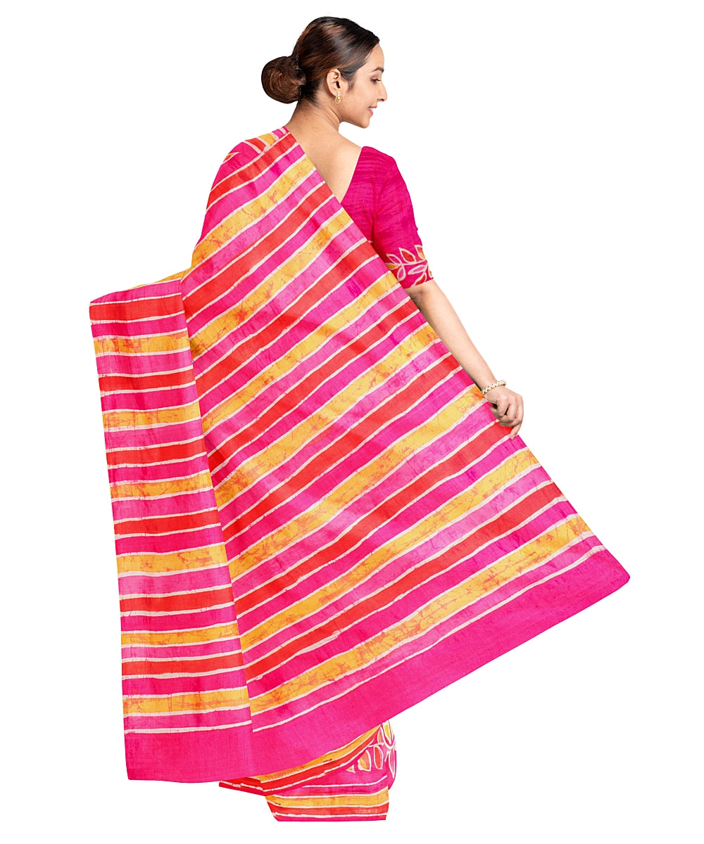 Biswa bangla pink yellow hand printed silk batik print saree