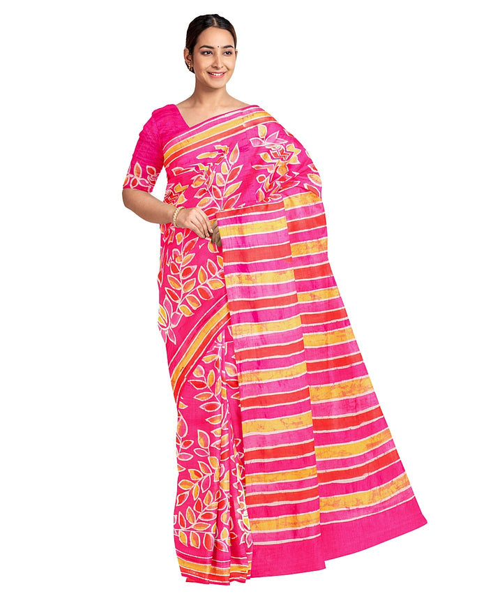 Biswa bangla pink yellow hand printed silk batik print saree